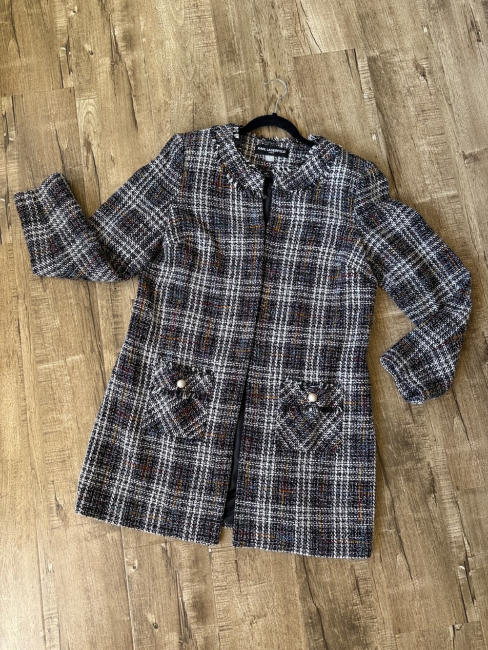 Karl Lagerfeld Black White Fringe Plaid Tweed Long Open Front Topper Jacket Lg